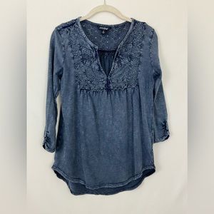 LUCKY BRAND 3/4 SLEEVE RELAXED FIT DENIM LOOK COTTON FEEL HI LO BLOUSE. …